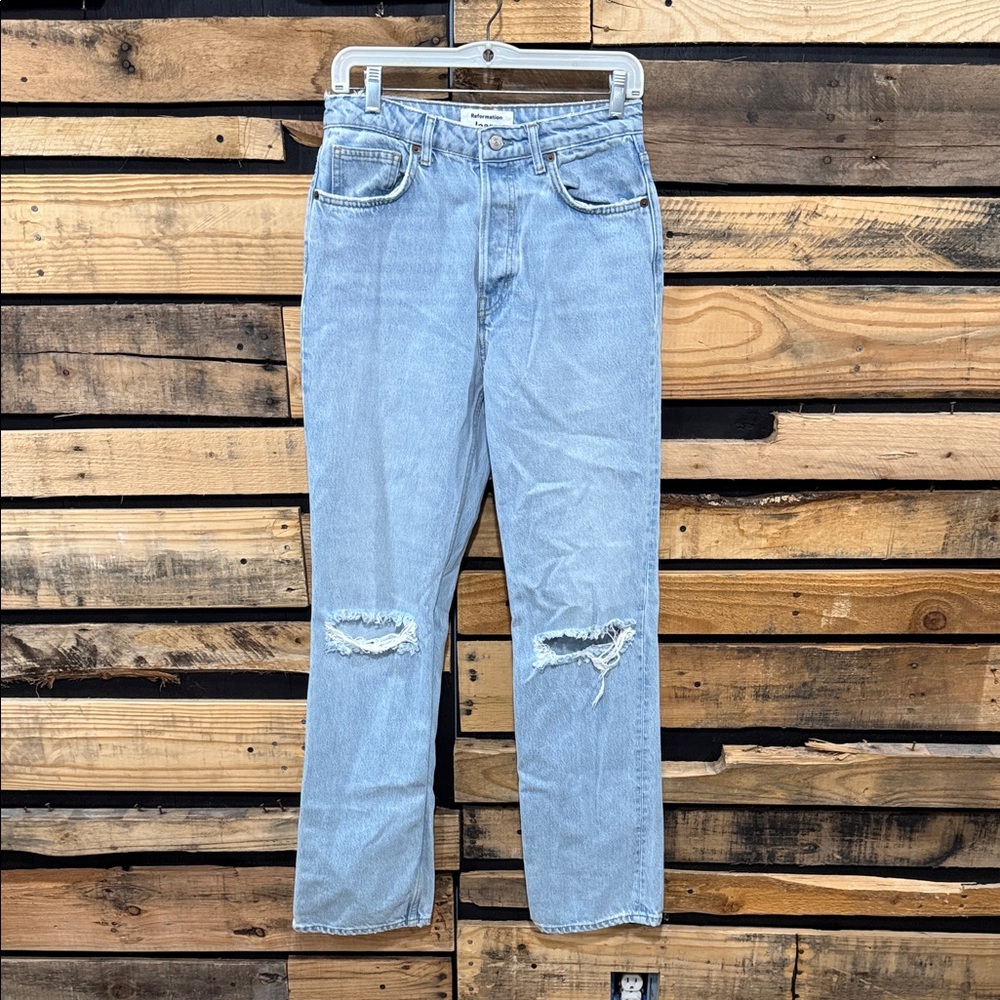 Reformation Cynthia High Rise Straight Leg Jeans In Tahoe Destroyed Wash Size 29